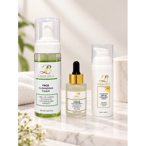 3 Adımlı Sabah Bakım Rutini Seti | Temizleme Köpüğü + Kafein Serum + SPF 50+ Güneş Kremi